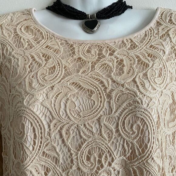 Adrianna Papell Beige Lace Top M | Romantic 3/4 Sleeve Overlay | Elegant Zip Bac - Picture 3 of 9